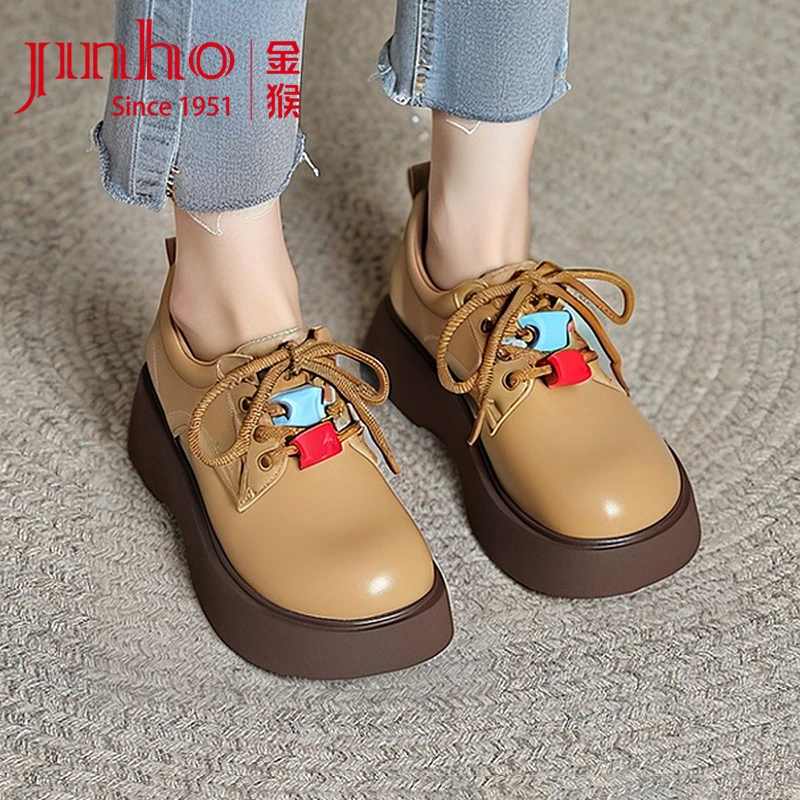 Jinho/金猴英伦风厚底小皮鞋百搭圆头系带乐福鞋女SQ18124A