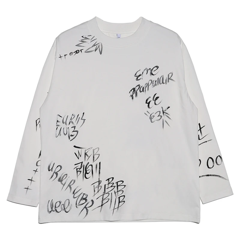 T480早春新款圆领长袖潮流字母涂鸦印花情侣T恤百搭宽松男女上衣