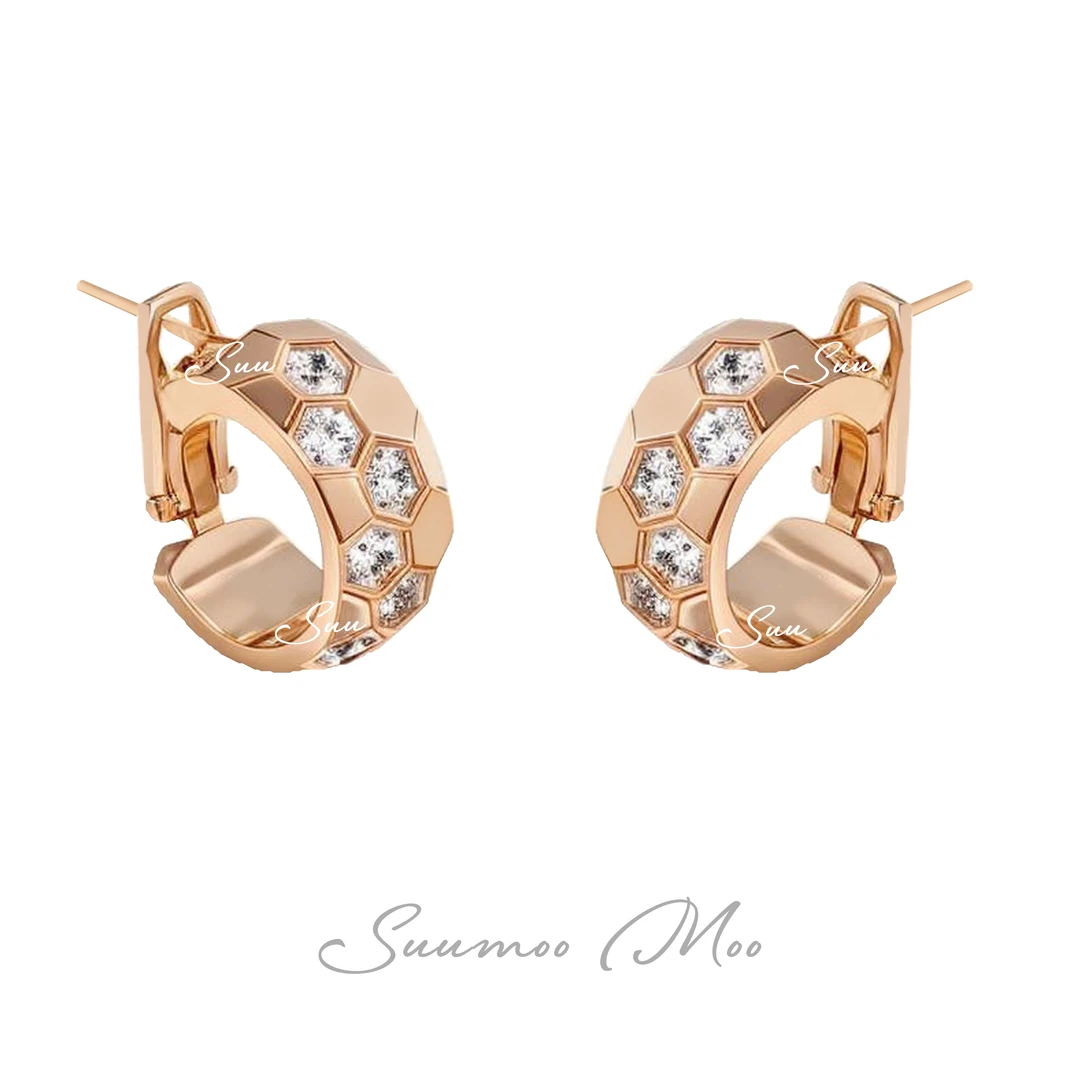 铜合金合成锆石耳饰 法式时尚厚蜂巢耳环经典镶钻轻奢气质