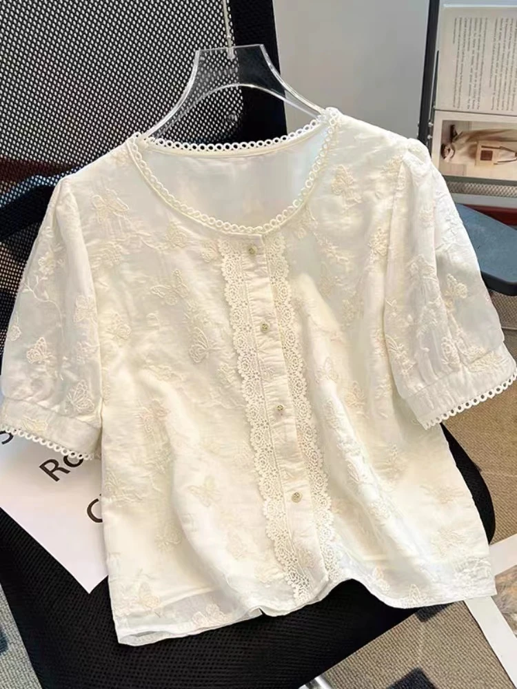 法式泡泡袖短袖蕾丝衬衫女2025新款夏季小个子名媛小香风小衫上衣