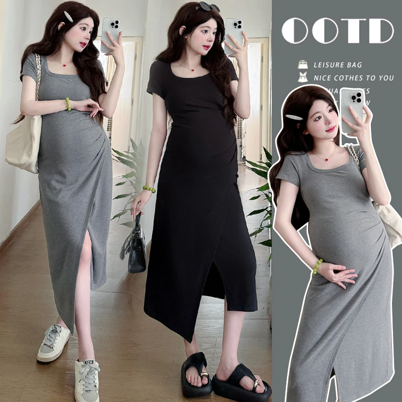 时尚辣妈孕妇装夏季新款方领弹力修身开叉长款连衣裙