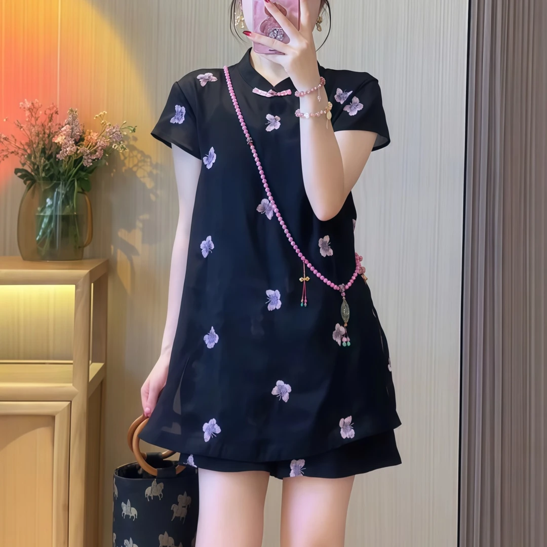 中国风提花刺绣套装女2025夏季大码胖MM复古国风上衣+短裤两件套