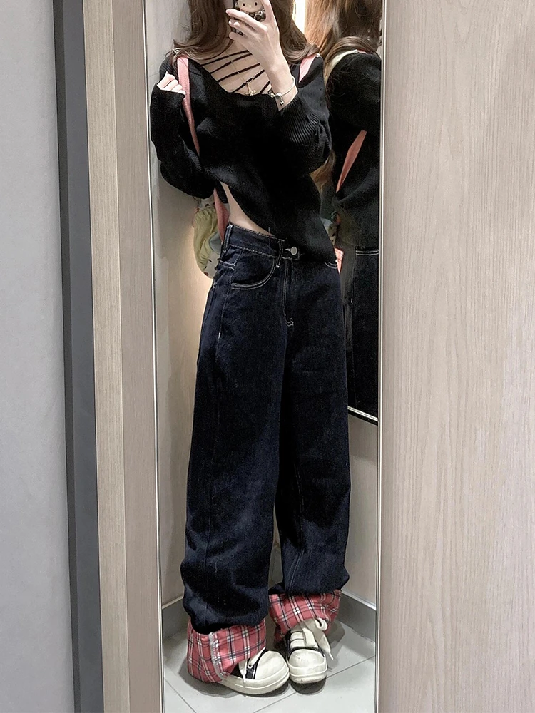 微胖mm美式格子拼接卷边垂感牛仔裤女早春新款显瘦阔腿直筒长裤子