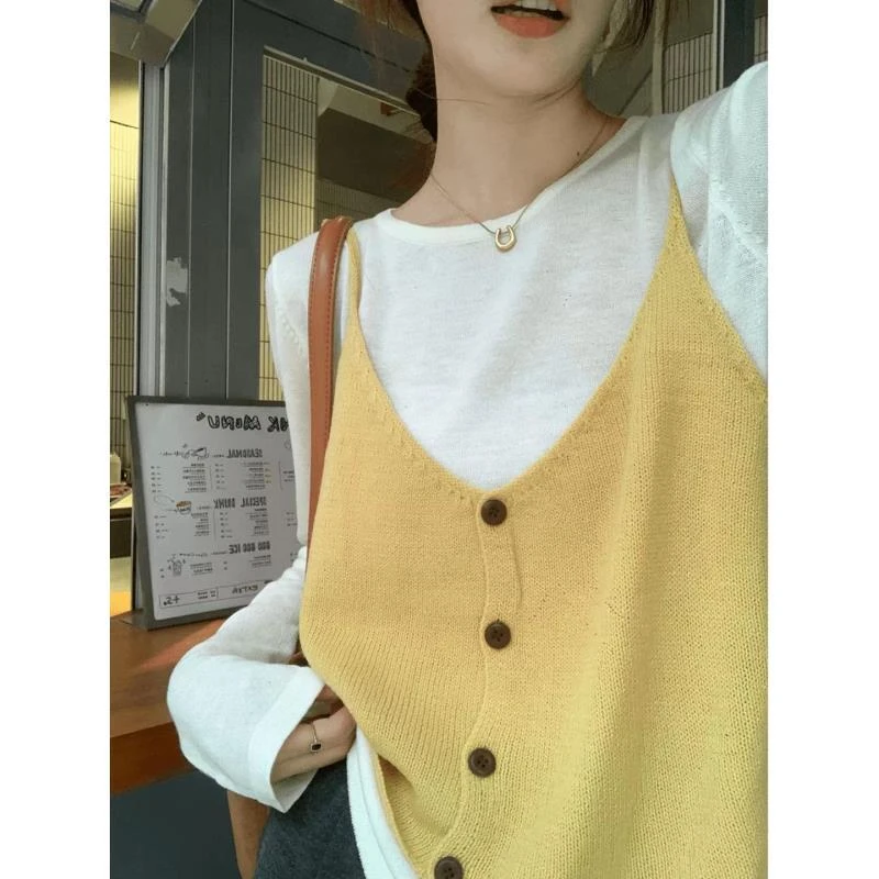 新款韩系吊带马甲休闲慵懒休闲风百搭叠穿针织上衣显瘦长袖时尚