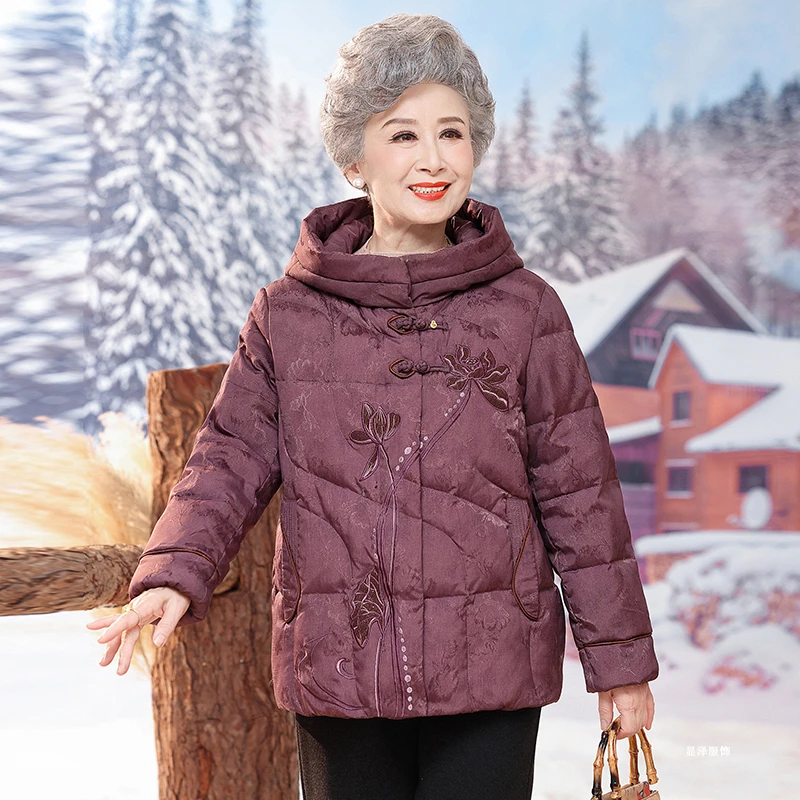 Fazeya/彩羊奶奶装冬季时尚国风羽绒服中老年人女连帽保暖外套
