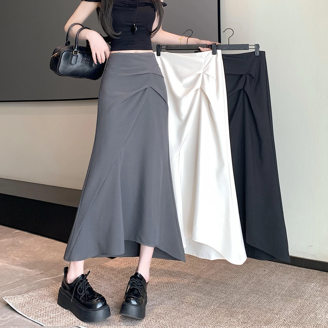 灰色西装鱼尾半身裙女夏季设计感不规则高腰褶皱a字中长款包臀裙