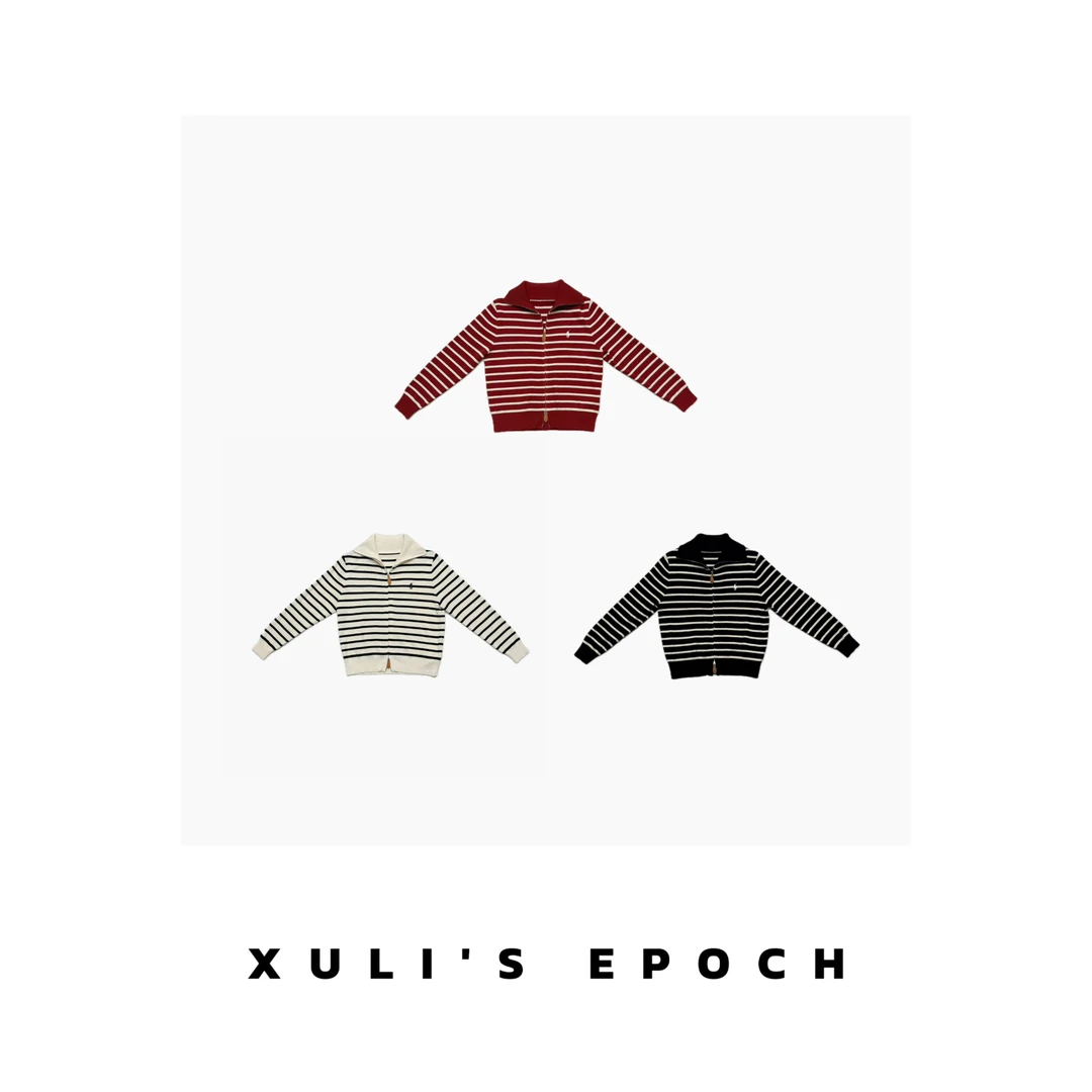 XULI'S EPOCHpolo刺绣海军翻领条纹拉链开衫·英伦限定·25AW305