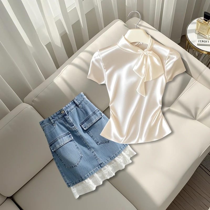 2025夏季新款减龄时尚气质超好看蝴蝶结上衣设计感拼接短裙子女装