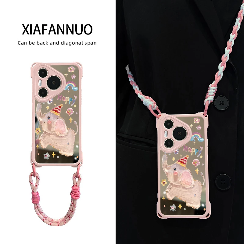 适用华为pura80手机壳p70pro镜面镜子全包Ultra小众挂绳斜跨大象