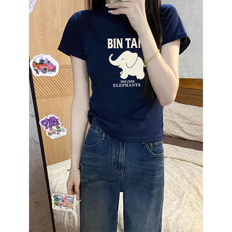 正肩圆领短袖t恤女潮2025新款时尚百搭减龄优质棉上衣打底衫夏季