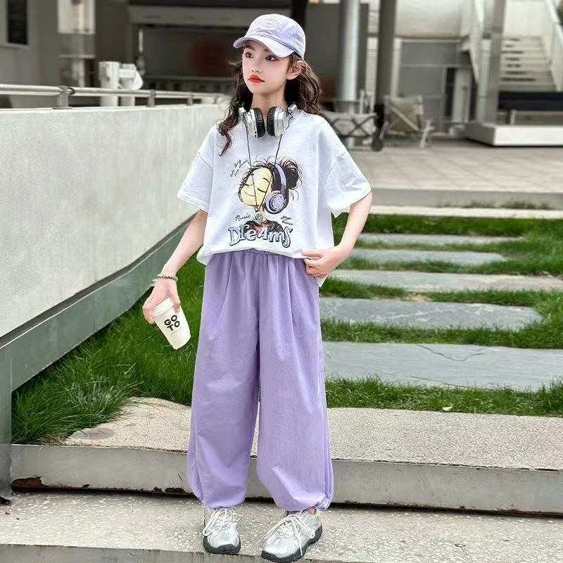 CSC2221女童夏装2025新款套装印花短袖T恤儿童休闲工装裤两件套