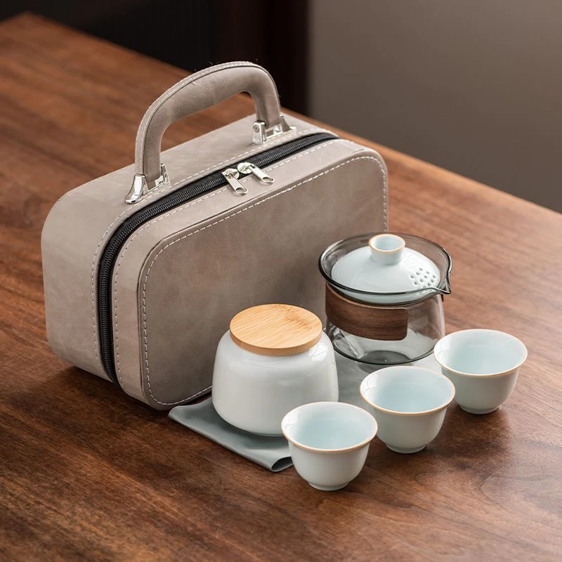 年货节一壶三杯车载旅行茶具带茶叶罐礼盒装简约藏式白瓷功夫茶具