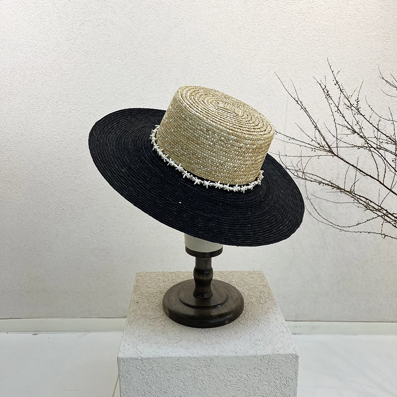 拉菲草平顶帽麦秆简约轻奢草帽子女夏季度假遮阳防晒帽百搭休闲