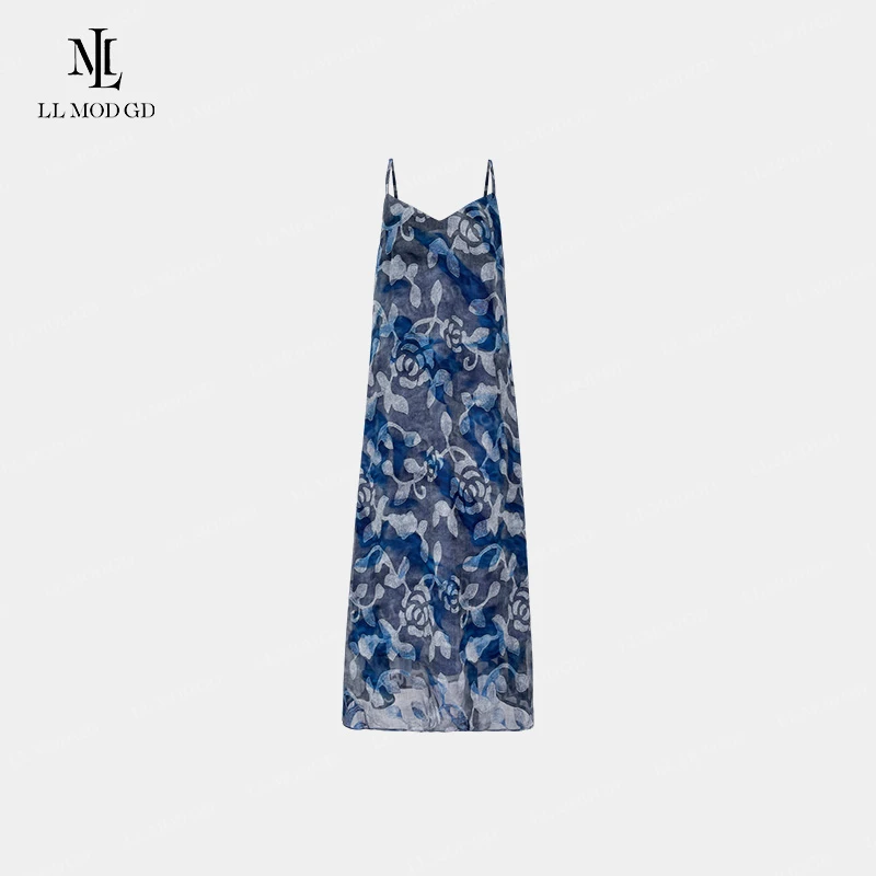 蓝梦岛 法式吊带印花连衣裙夏季新款清凉裙内搭轻熟长裙YL-261612