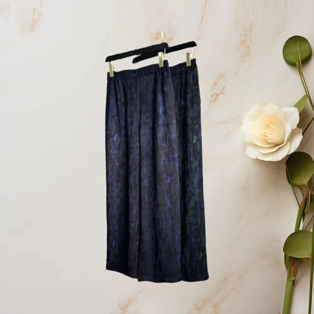 【夜澜靛霭】香云纱高腰松紧腰新中式晕染纹阔腿裤
