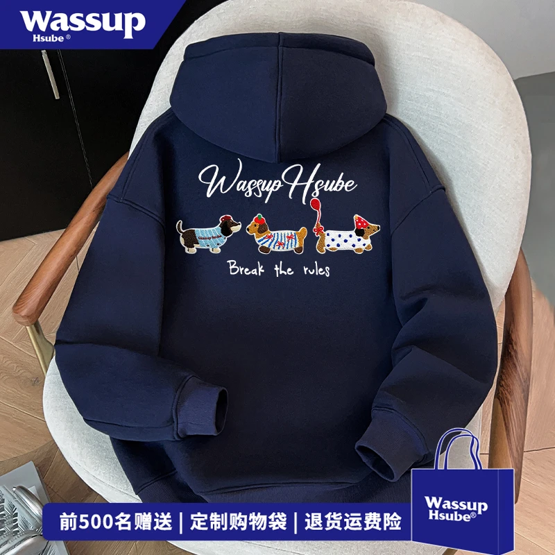WASSUP HSUBE复古小狗印花连帽卫衣男秋冬藏青色潮流百搭宽松上衣