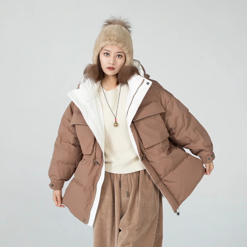 女装瑕疵品503241162加厚连帽宽松口袋拼色中款羽绒服女冬