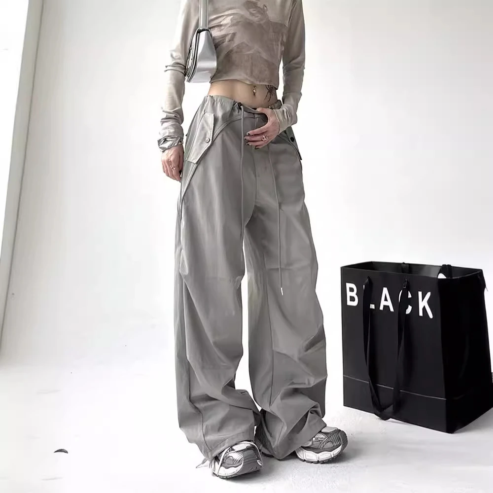 夏季高腰工装裤女款薄款美式运动瘦版阔腿裤宽松百搭休闲冲锋裤女