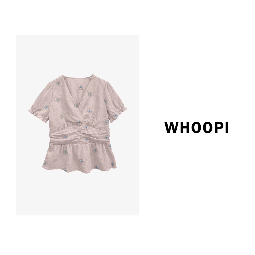 【Whoopi】【夏花漫游薄】法式V领扭结刺绣甜美刺绣收腰小衫上衣