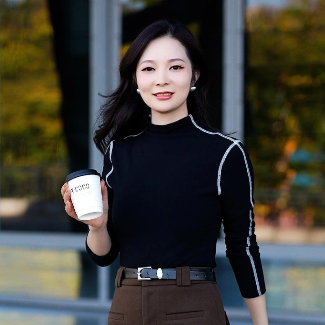 半高领磨毛打底衫明线设计感长袖T恤女25秋冬新款百搭上衣-25121