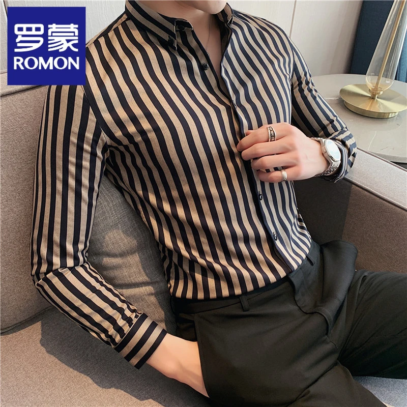 罗蒙商务休闲衬衫韩版弹力男士帅气英伦休闲质感条纹长袖衬衣修身