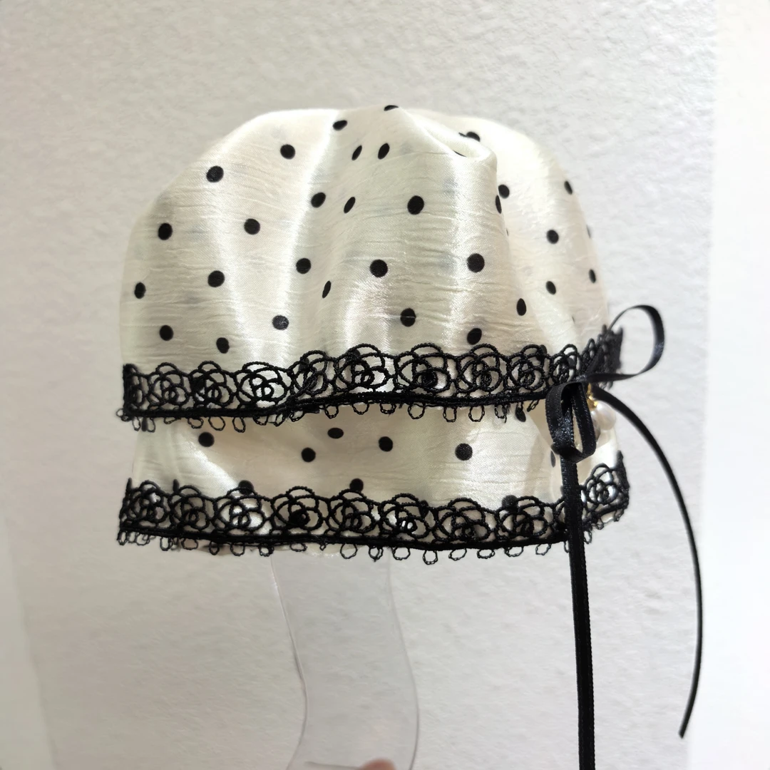 D138黑色波点蝴蝶结蕾丝边马尾抓夹