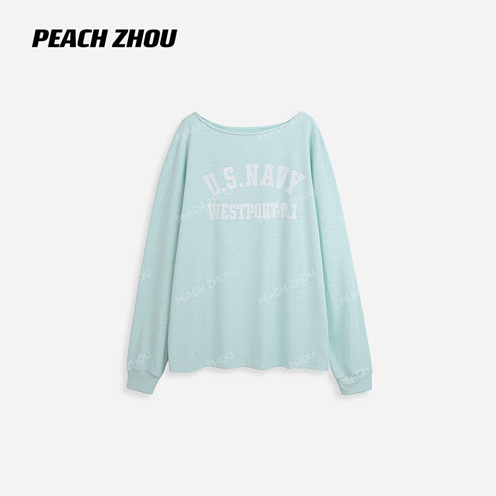 『PEACHZHOU』200g棉薄荷绿美式印花散边一字船领露肩多穿法长袖T恤