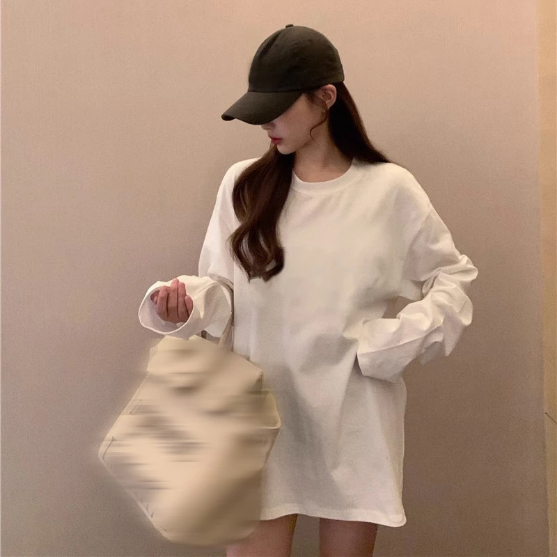 2025年纯棉长袖t恤女中长款春秋百搭圆领上衣宽松纯色休闲内搭ins