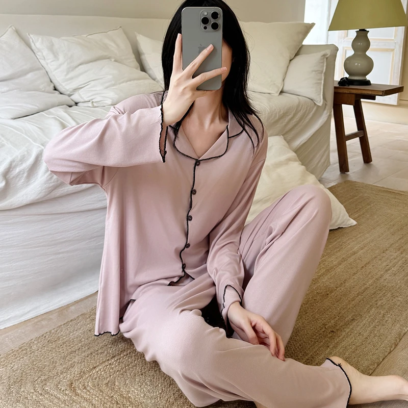 睡衣女款春秋季长袖长裤宽松舒适带胸垫粉色韩版女士家居服两件套