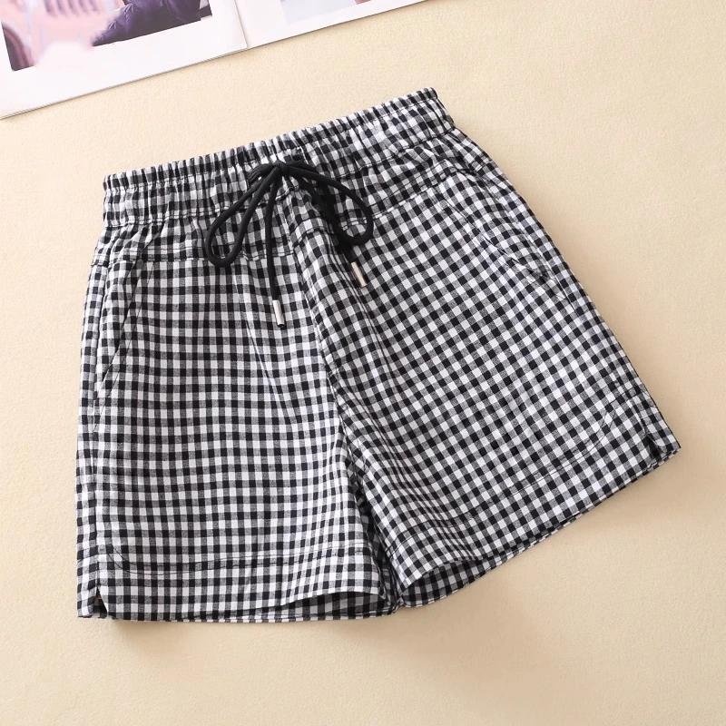 拉夏贝尔松紧高腰阔腿热裤2025年夏季新款复古百搭格子休闲短裤女
