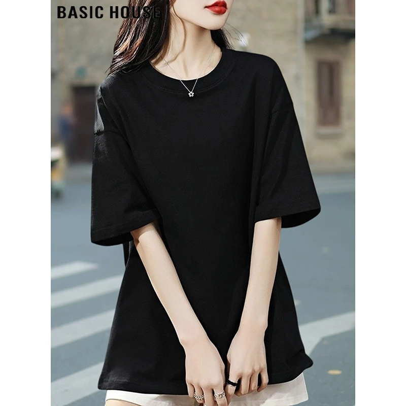 Basic House/百家好宽松遮肉黑色纯棉短袖体恤女夏季休闲落肩T恤