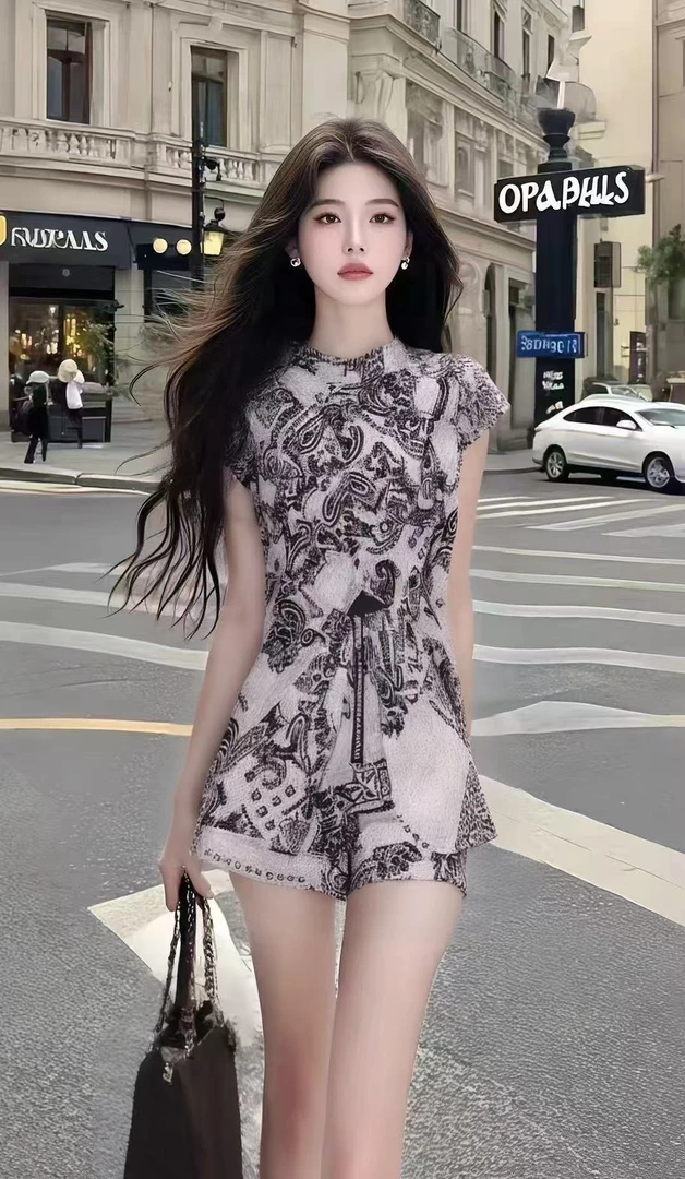 短裤时尚套装简约通勤印花休闲风复古极简风时尚收腰显瘦上衣短裤