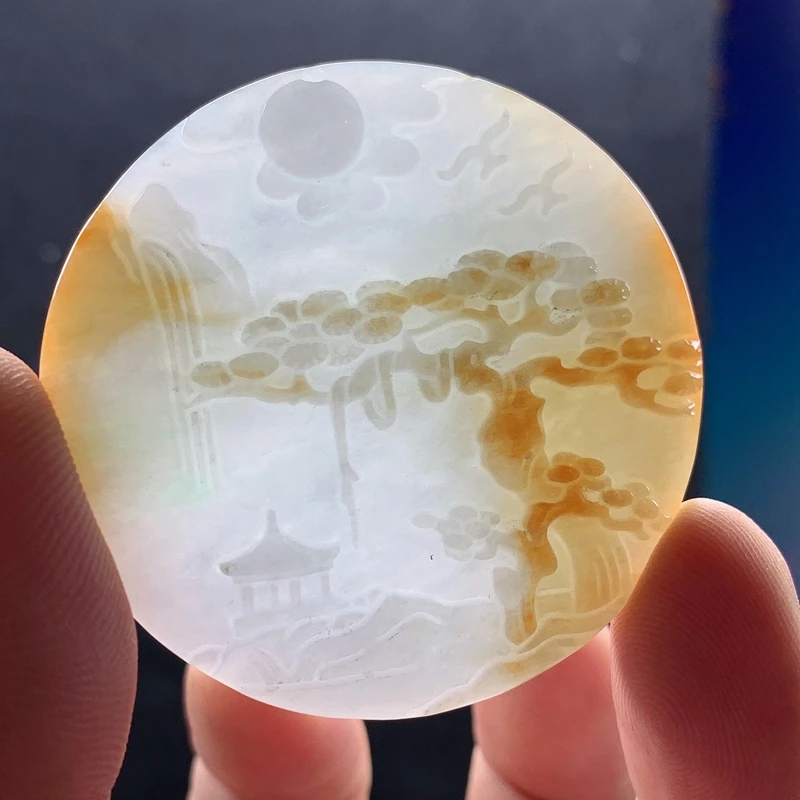 优惠缅甸天然翡翠A货黄翡俏色山水步步高升红运当头挂件吊坠精雕