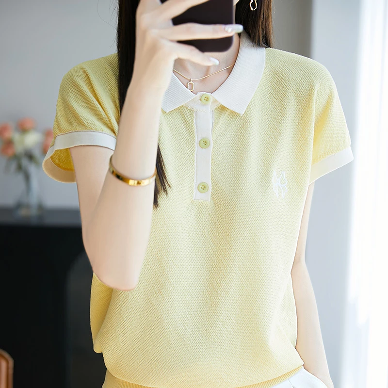 撞色女夏季休闲减龄宽松针织衫时尚设计感小众薄款翻领短袖t恤女