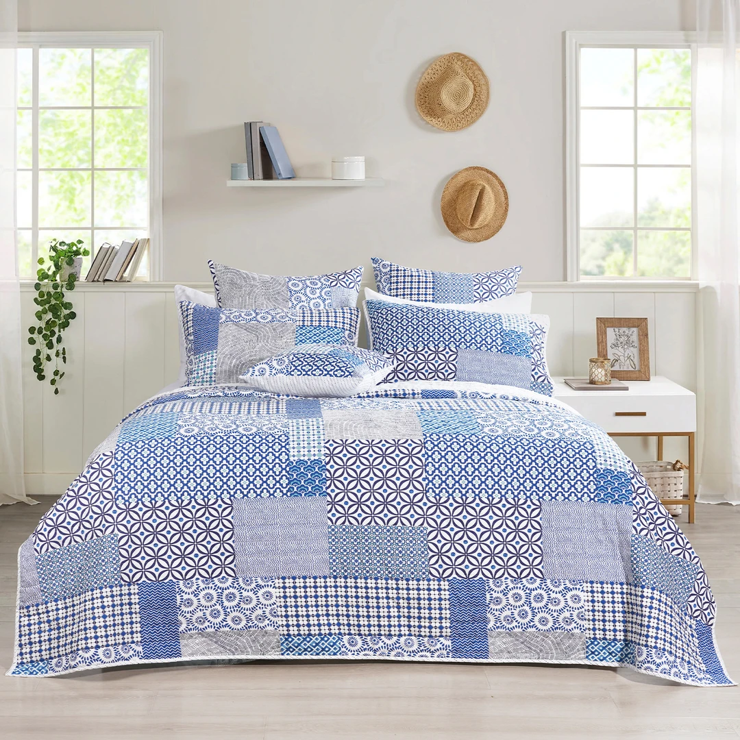 星罗棋布全棉三件套 床盖+枕套 蓝色/桔色