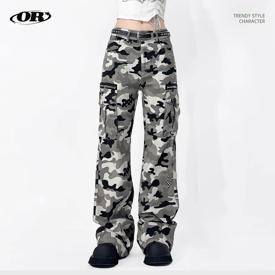 OREETA丨美式复古工装迷彩裤跨境潮牌宽松纯棉微喇休闲迷彩工装裤