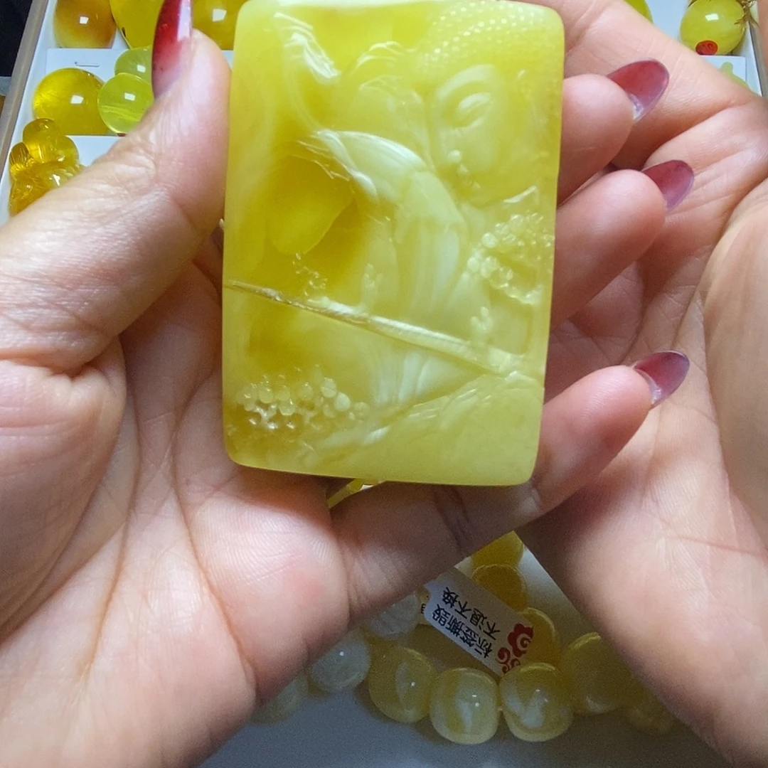 蜜蜡未镶嵌珠宝奇石双面山水佛牌