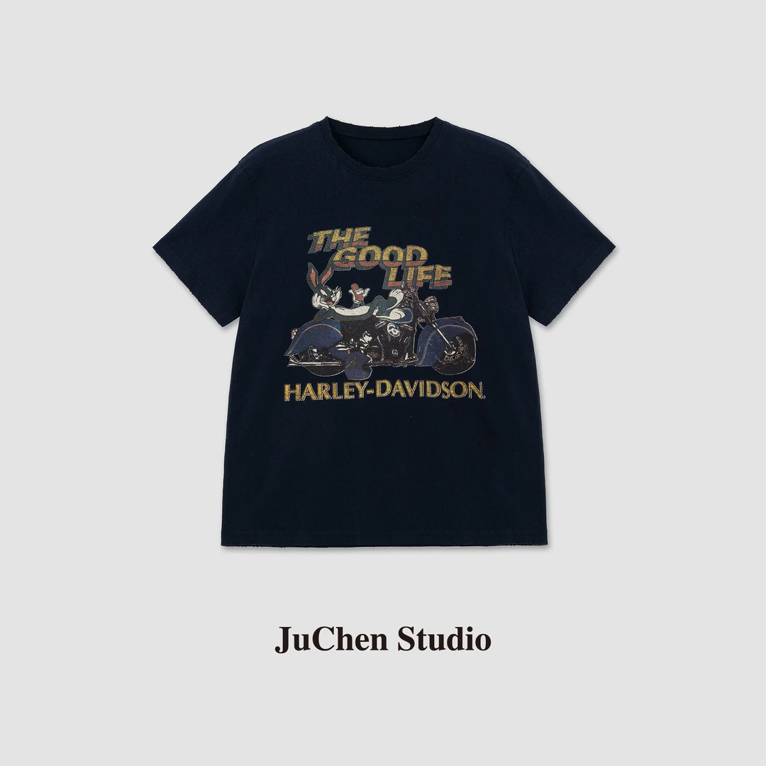 “摩托小兔”夏日有机棉印花40支双纱手工磨破短袖T恤 SS103037-16