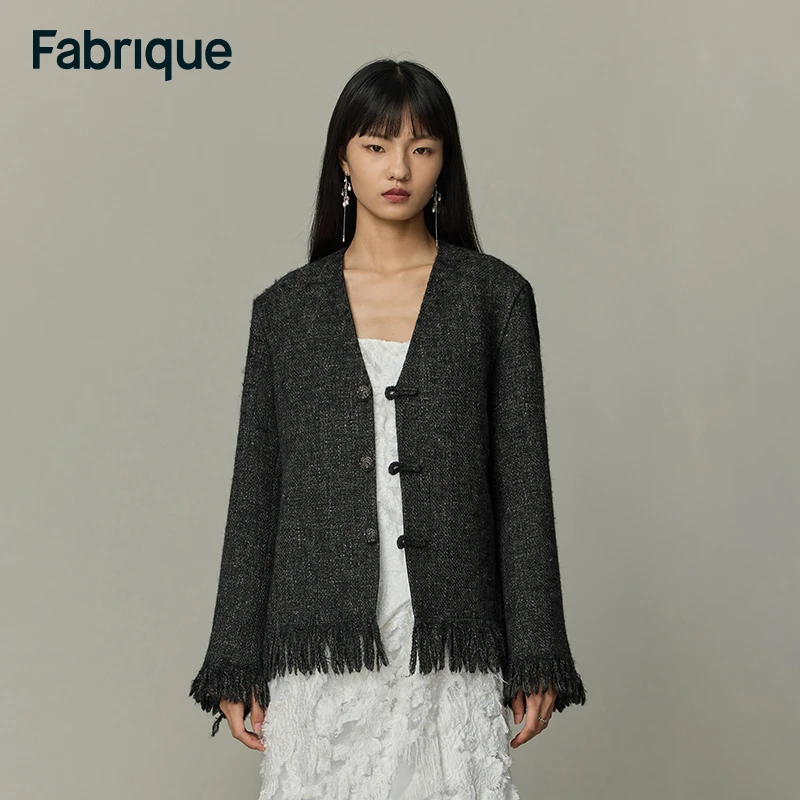 【达人专享】Fabrique新中式盘扣无领流苏绵羊毛粗花呢夹克雅丹风