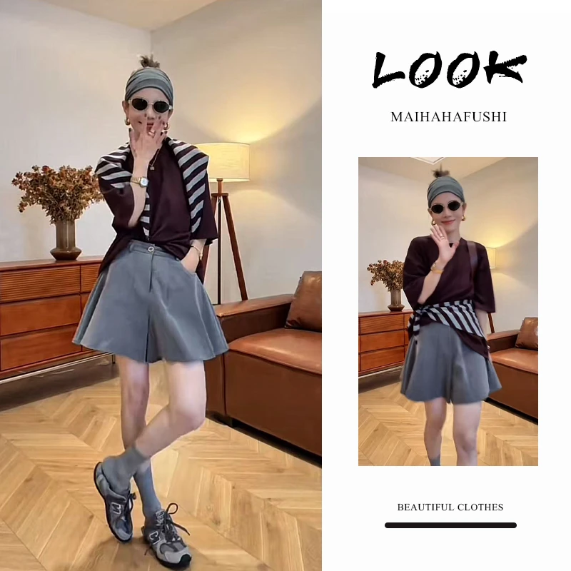 夏季时尚一整套女装2025新款韩系气质条纹披肩短袖T恤短裤三件套