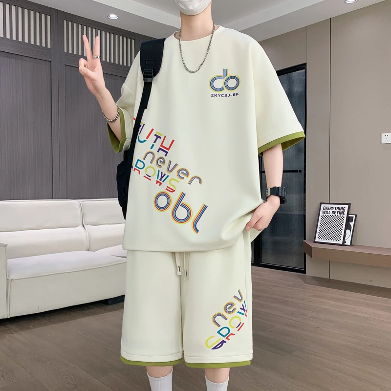 印染短袖夏季青少年休闲运动套装休闲学生韩版大码宽松