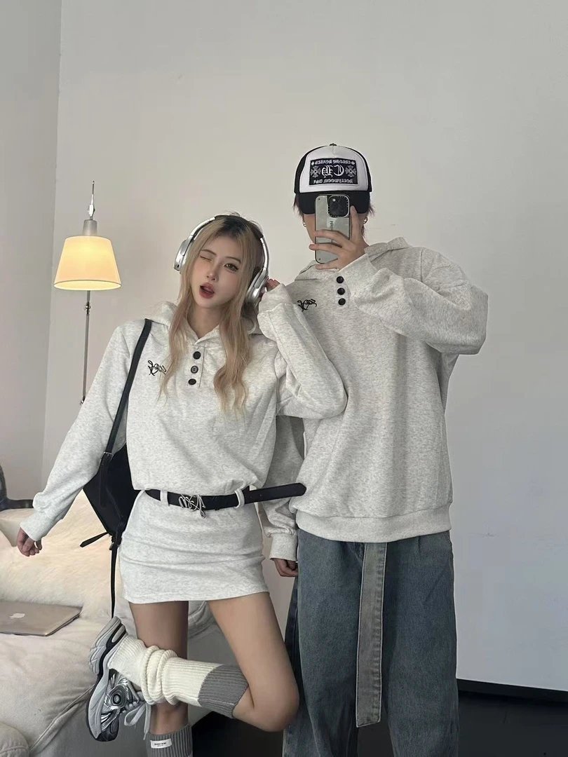 情侣装秋装韩系连帽卫衣连衣裙女秋季款配腰带显瘦气质包臀短裙潮