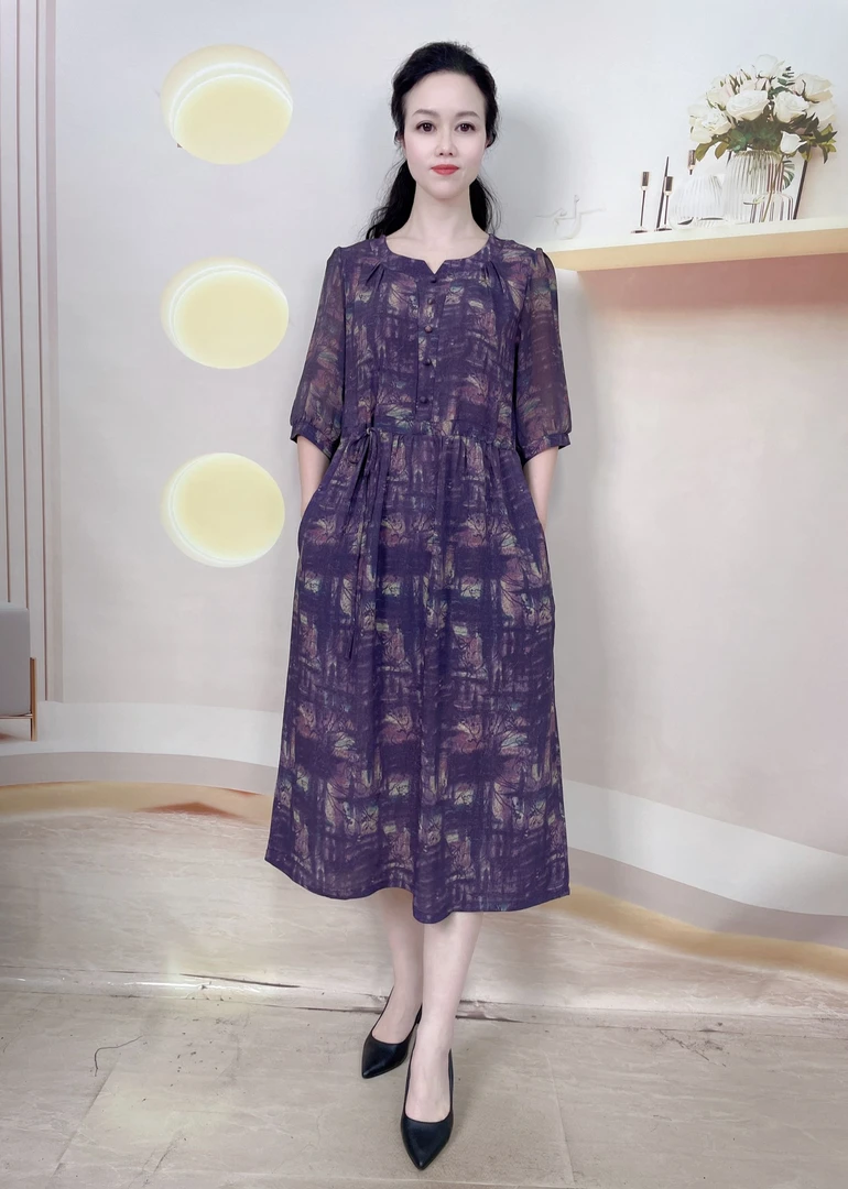 妈妈夏装抽绳收腰显瘦中长款连衣裙夏季新款中袖洋气百搭裙2552#