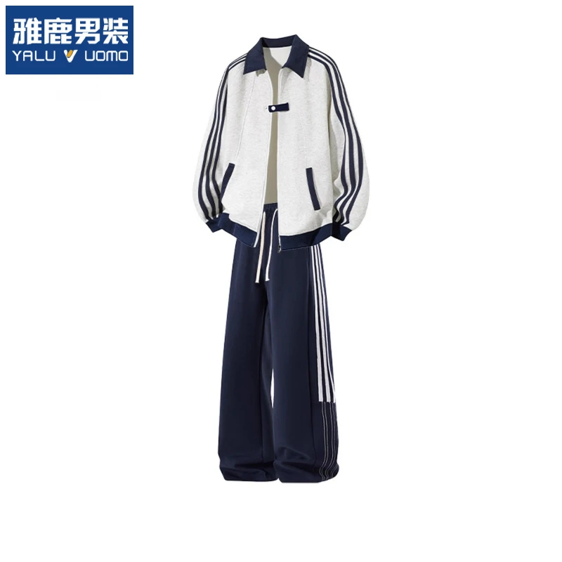 雅鹿美式休闲运动套装男士秋季新款潮流痞帅条纹时尚百搭两件套男