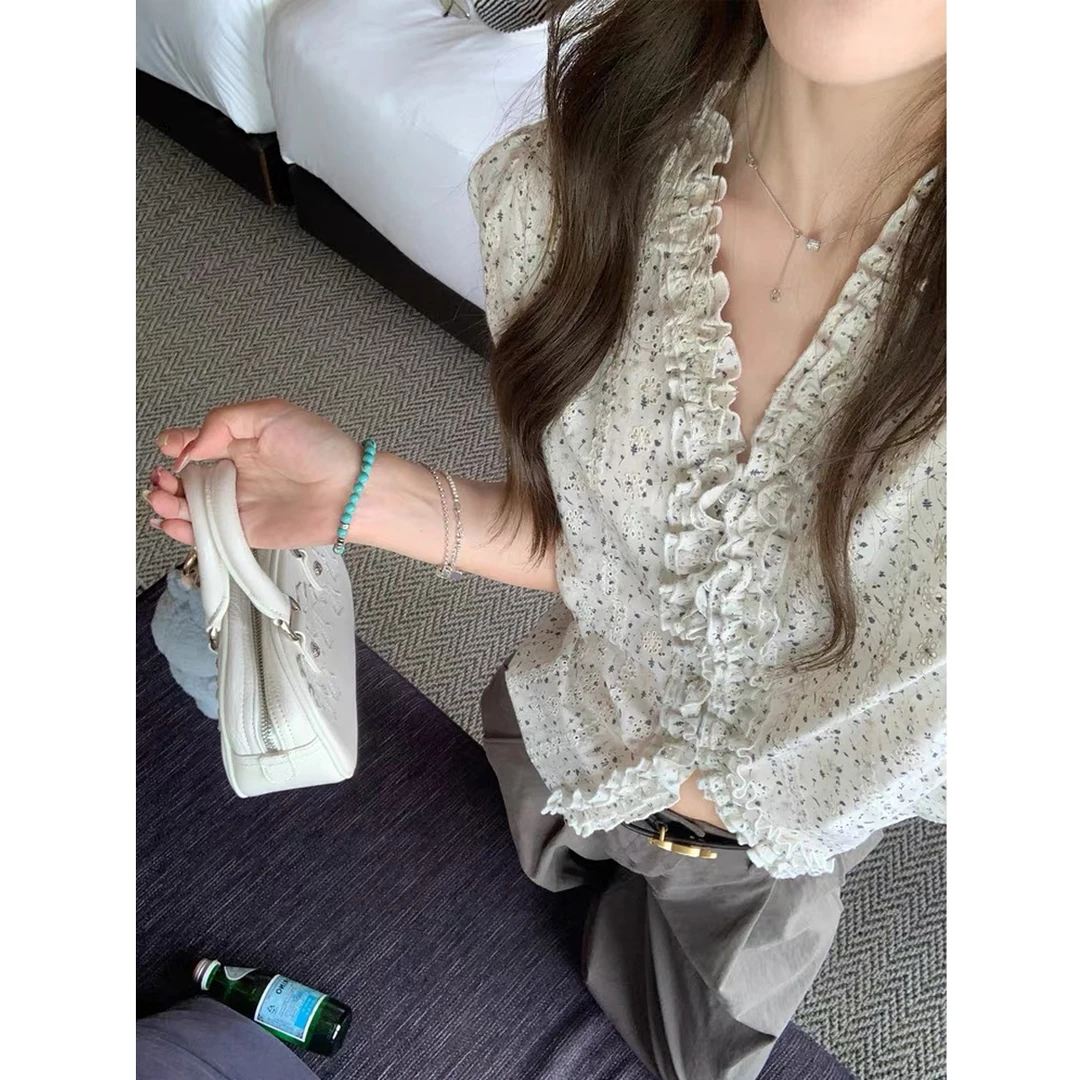 苏黎世夏 印花水溶衬衫女V领显瘦短袖泡泡袖#9283