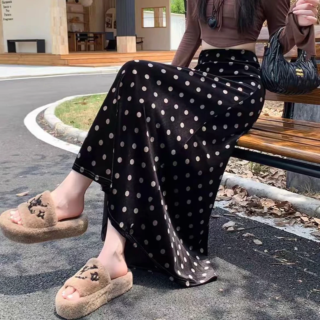 （正版+两个裙长）秋冬新款百搭显瘦金丝绒鱼尾裙大摆裙子波点豹纹