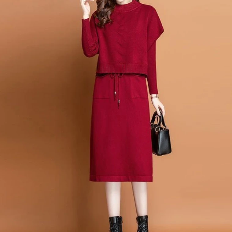 02针织连衣裙女秋冬新款两收腰显瘦洋气毛衣裙