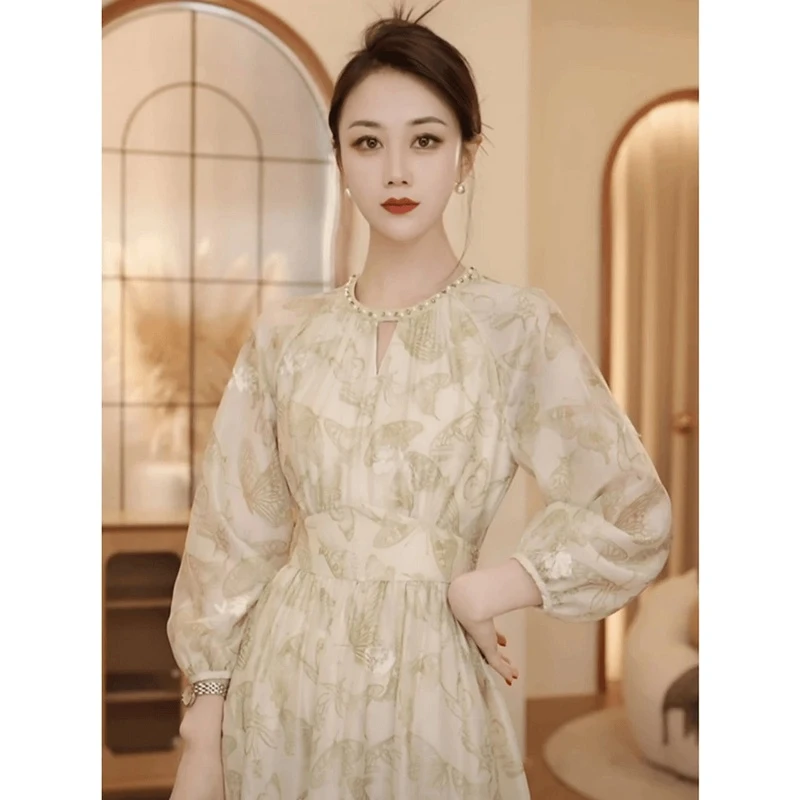 2025夏季新款法式印花雪纺长裙高腰遮肉显瘦超仙连衣裙度假裙A380
