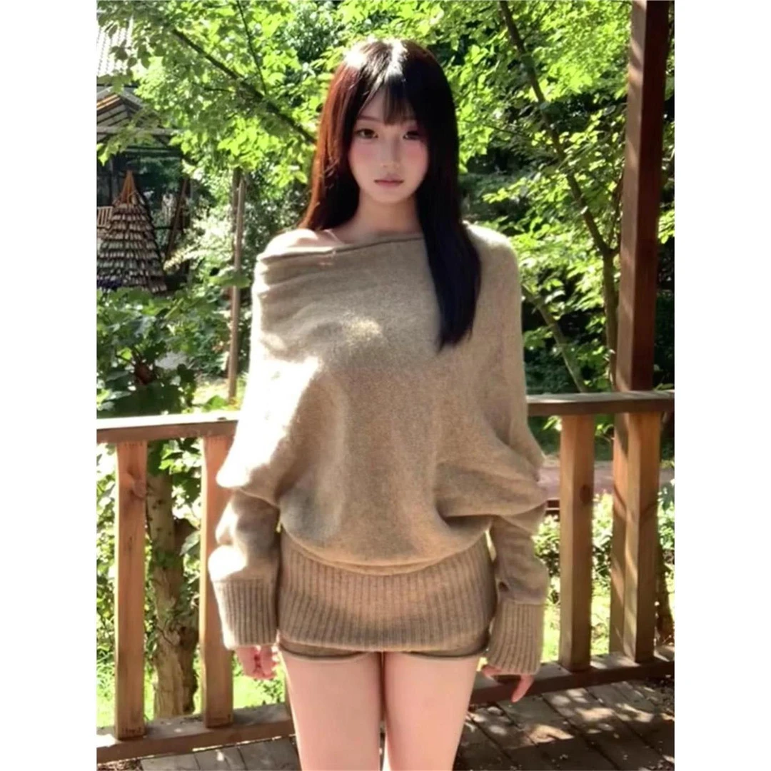 纯欲套装女春秋季斜肩长袖毛衣一字领上衣辣妹包臀松紧短裤两件套