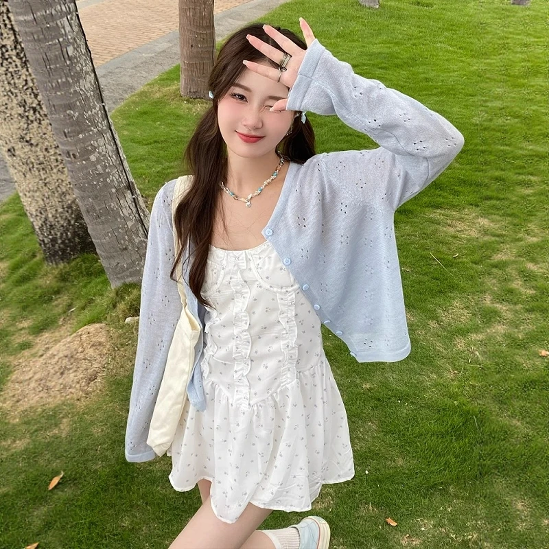 韩系蓝色针织冰丝防晒开衫外套女2025夏季镂空吊带裙外搭罩衫上衣